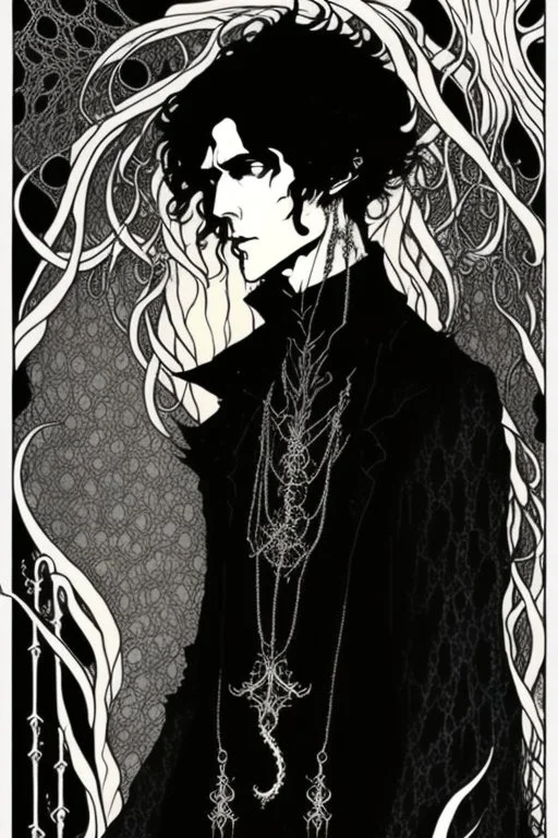 black haired young man necromancer wizard with gothic jewelry and tentacle fingers in the style of Harry Clarke