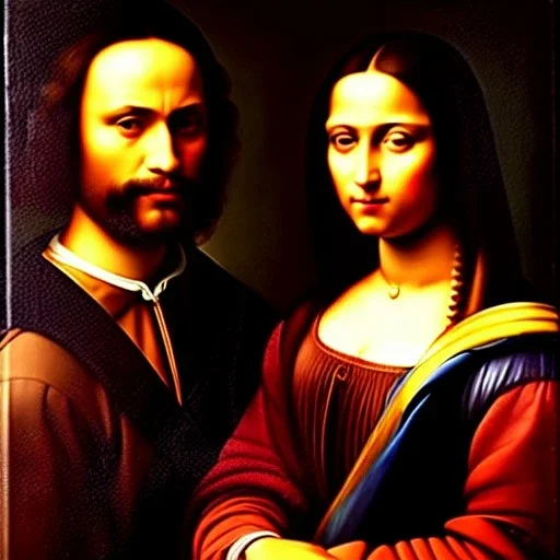 portrait of Jacobo Santiago Mozos born in 1976 and Gemma Arnau Arnau born in 1979,by Leonardo da Vinci, oil on canvas, cinematic composition, extreme detail,8k,fit full head inside picture