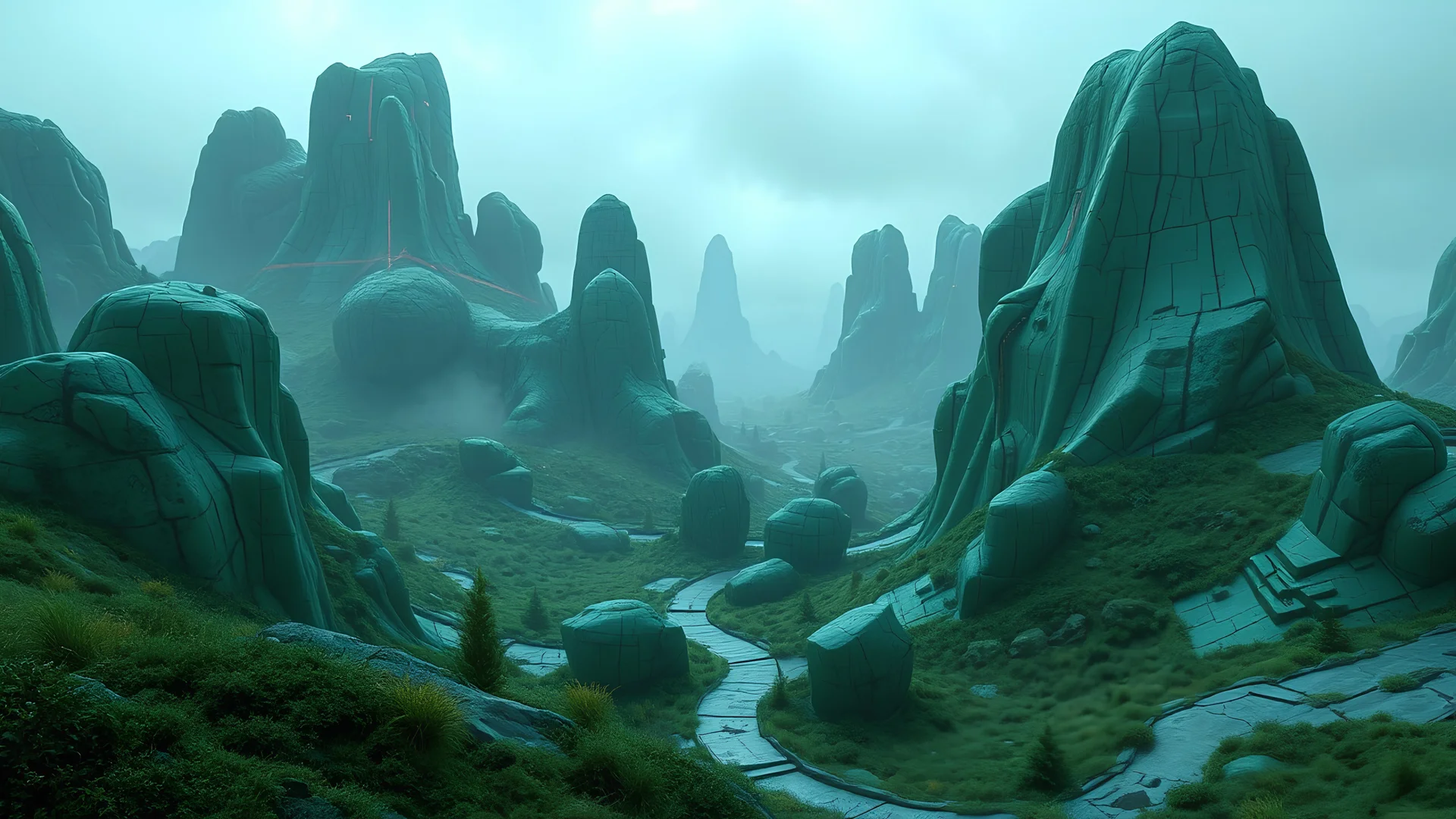 landscape covered in green copper patina that looks futuristic with futuristic lighting, realistic rendering