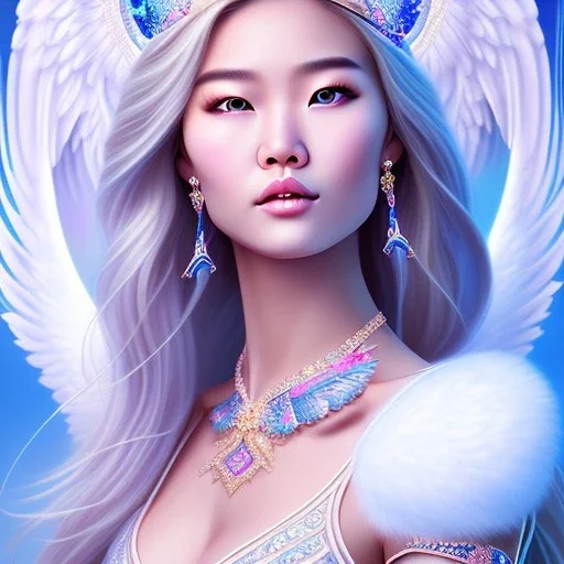 portrait of a beautiful mongolian woman with an angel face smiling,long blond hair, blue eyes, pink and blue dress, jewels, soft light aura