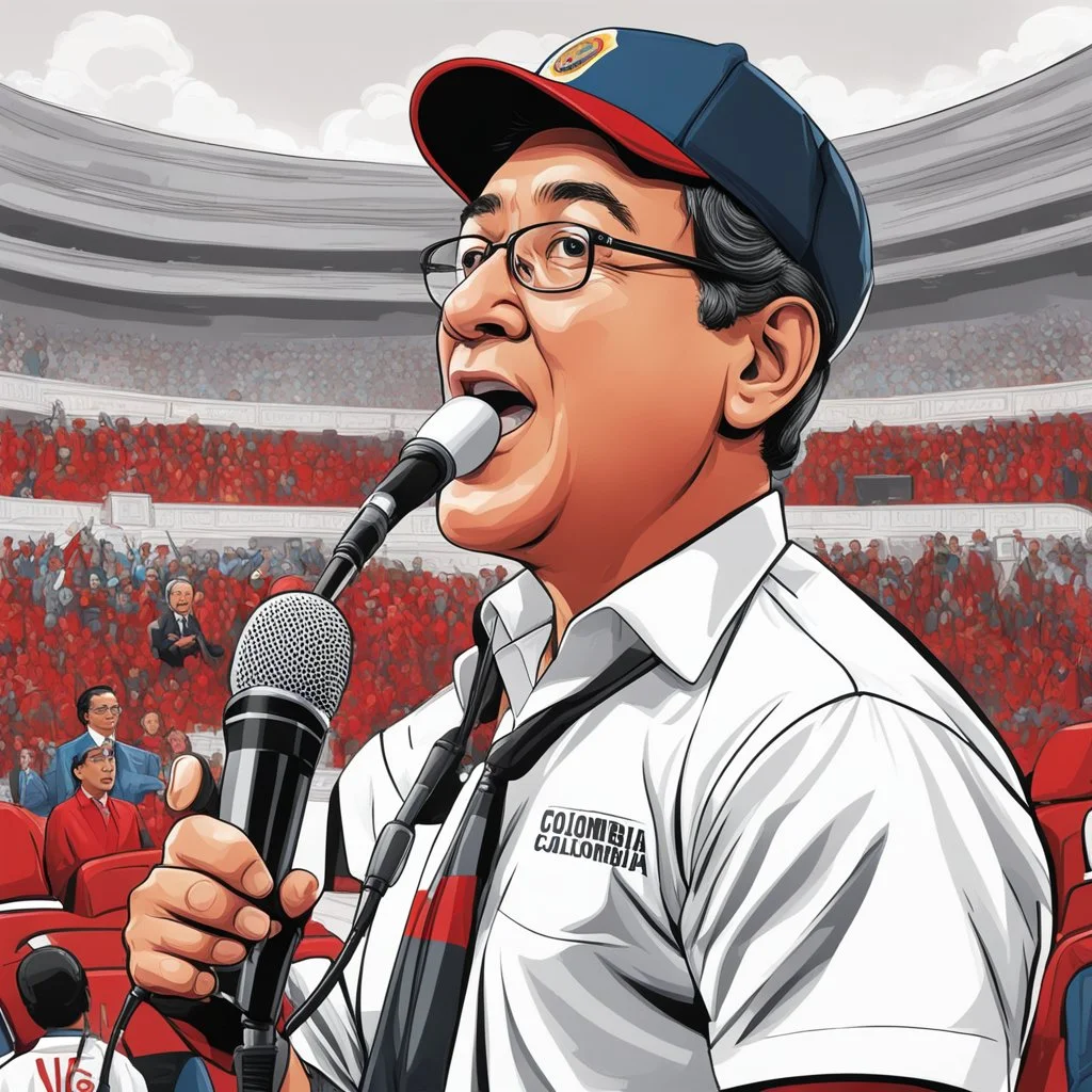 Ilustración estilo caricatura de Gustavo Petro presidente de Colombia, con gorra deportiva y camisa, hablando en un atril con micrófono, colores contrastantes, rojo, negro y blanco, fondo ciudad