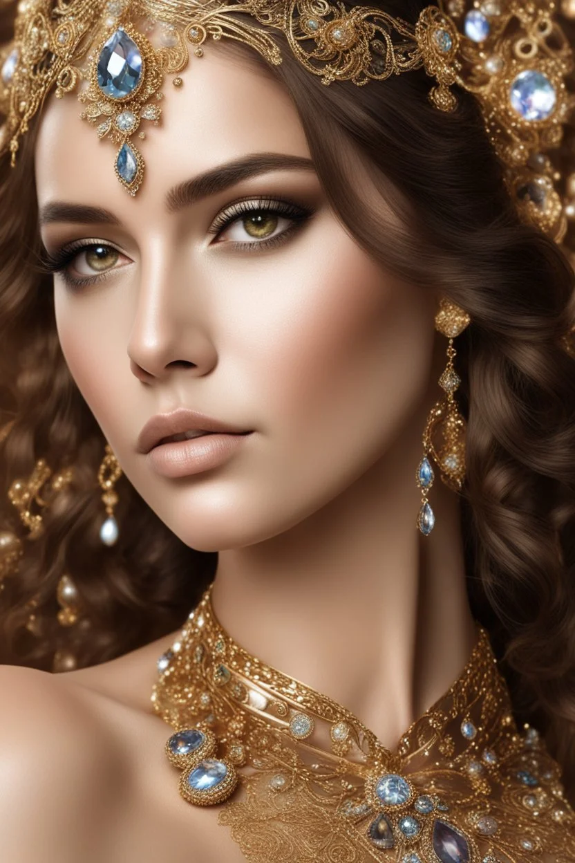 Half body photography ultra realistic natural beauty of young woman, beautiful, shiny hard eyes, make up, shiny baubles, ornate, large gemstones, shiny molten golden metalics, shiny wire filigree, luxury jewelry diamonds background,brown hair, high definition, high res,establishing shot