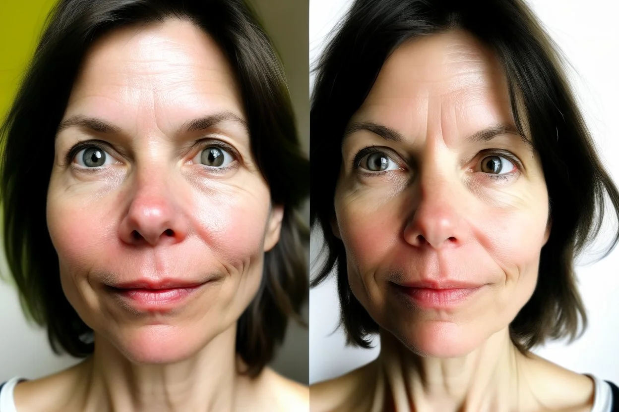 A selfie of a brunette woman, middle short hair, showing a 39-year-old European woman. She has white skin, tousled brown hair, face without makeup, big round dark brown eyes, cute nose, detailed full lips, skin texture. Split screen and show the same face but 15 years older