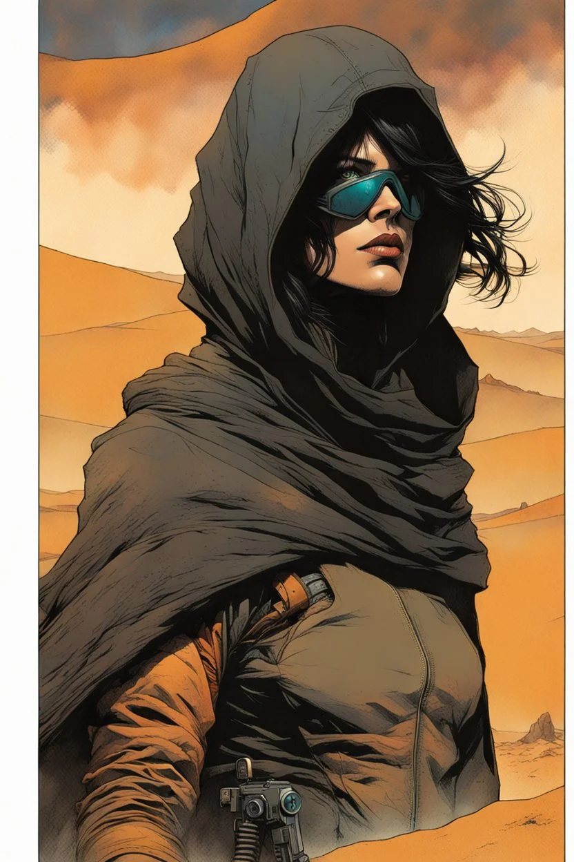 create a fine art print full body illustration of a rugged gritty, roughly textured, hooded, black clad and dusty Fremen female mercenary with highly detailed feminine facial features, amidst the billowing desert storms of Arrakis, in the comic book art style of Bill Sienkiewicz, and Jean Giraud Moebius, finely textured, drawn, colored, and inked,