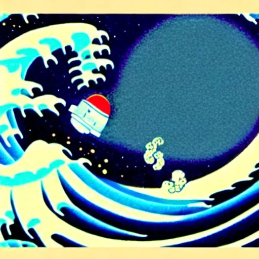 An astronaut floating in space surrounded by a halo of glowing jellyfish, done in the style of Hokusai's The Great Wave off Kanagawa