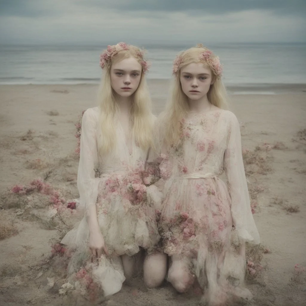 Elle fanning and dakota fanning as flowers, on the beach, damaged polaroid