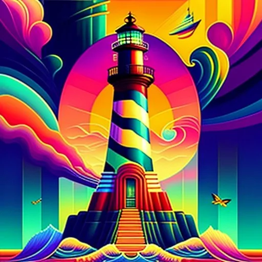 Beautiful lighthouse colorful art Deco, amazing artwork, hyper detailed, ultra maximalist quality, 12k