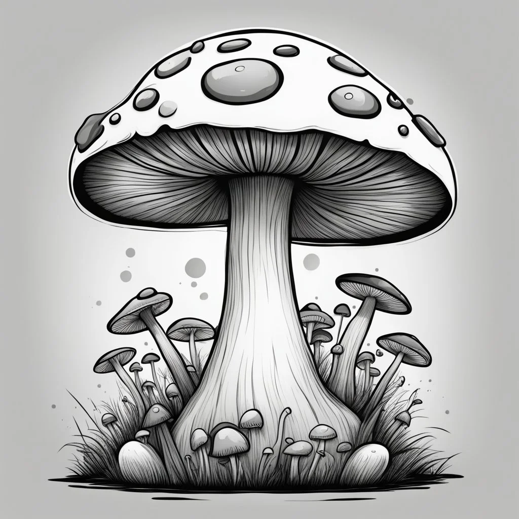 mushroom, black and white, cartoon, drawing