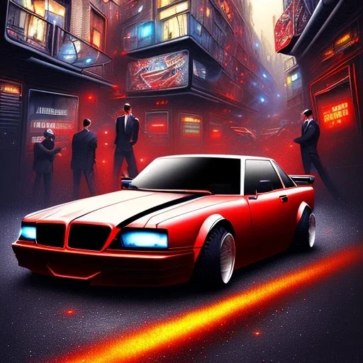 spray paint art, long shiny flat red and black car, two men in suits with big machine guns and great style,bullets flying, evening, seen from balcony, dirty city alley, heist action, book cover