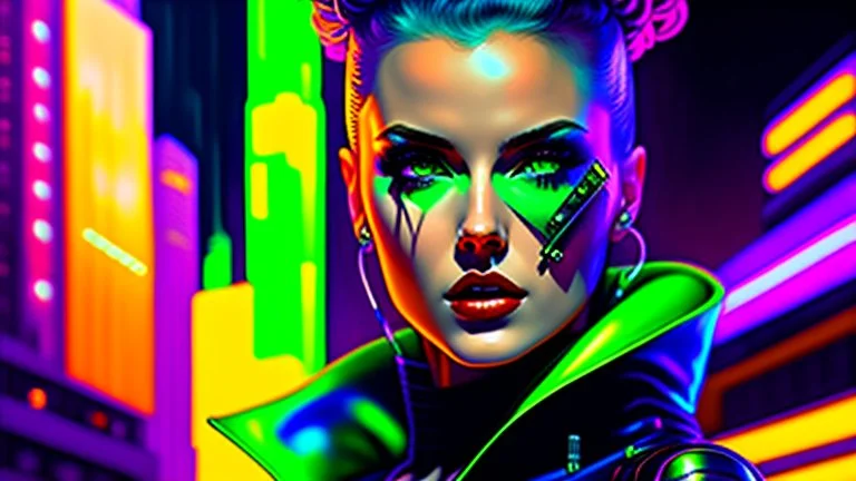 portrait oil on canvas, beautiful punk busty female Cyborg, looking to viewer, sad green eyes, post-apocalyptic in a cyberpunk city,minimal skintight suit, blade runner, comic book cover, mystical colors, neon, insanely detailed,realistic,intrincate detail, 16k resolution, masterpiece, Adam hughes