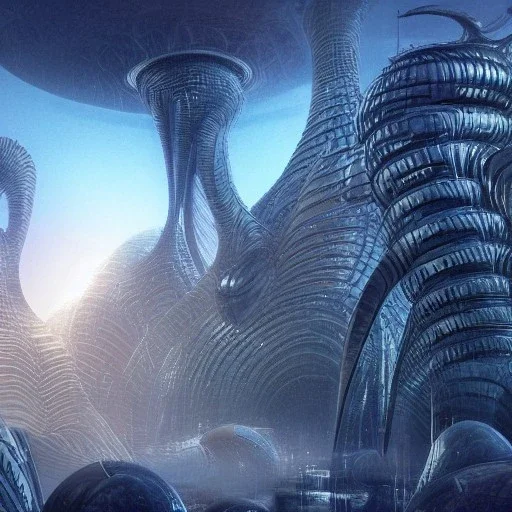 biomorphic alien city with lighting, panoramic, colours, 3D-rendering, foto-realistic,TG, 8k, art by HR Giger.