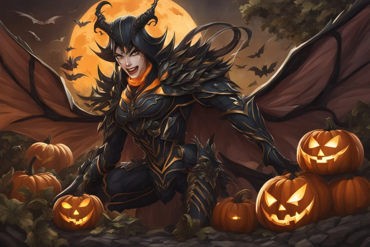 Monarch pumpkin venom in anime artstyle, halloween them, close picture, fantasy world, intricate details, highly detailed, high details, detailed portrait, masterpiece,ultra detailed, ultra quality