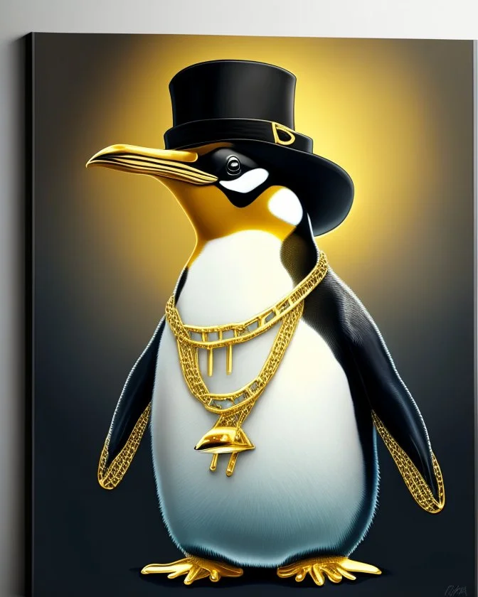 NFP style penguin with gold chains and in the suite with a hat. one colour background