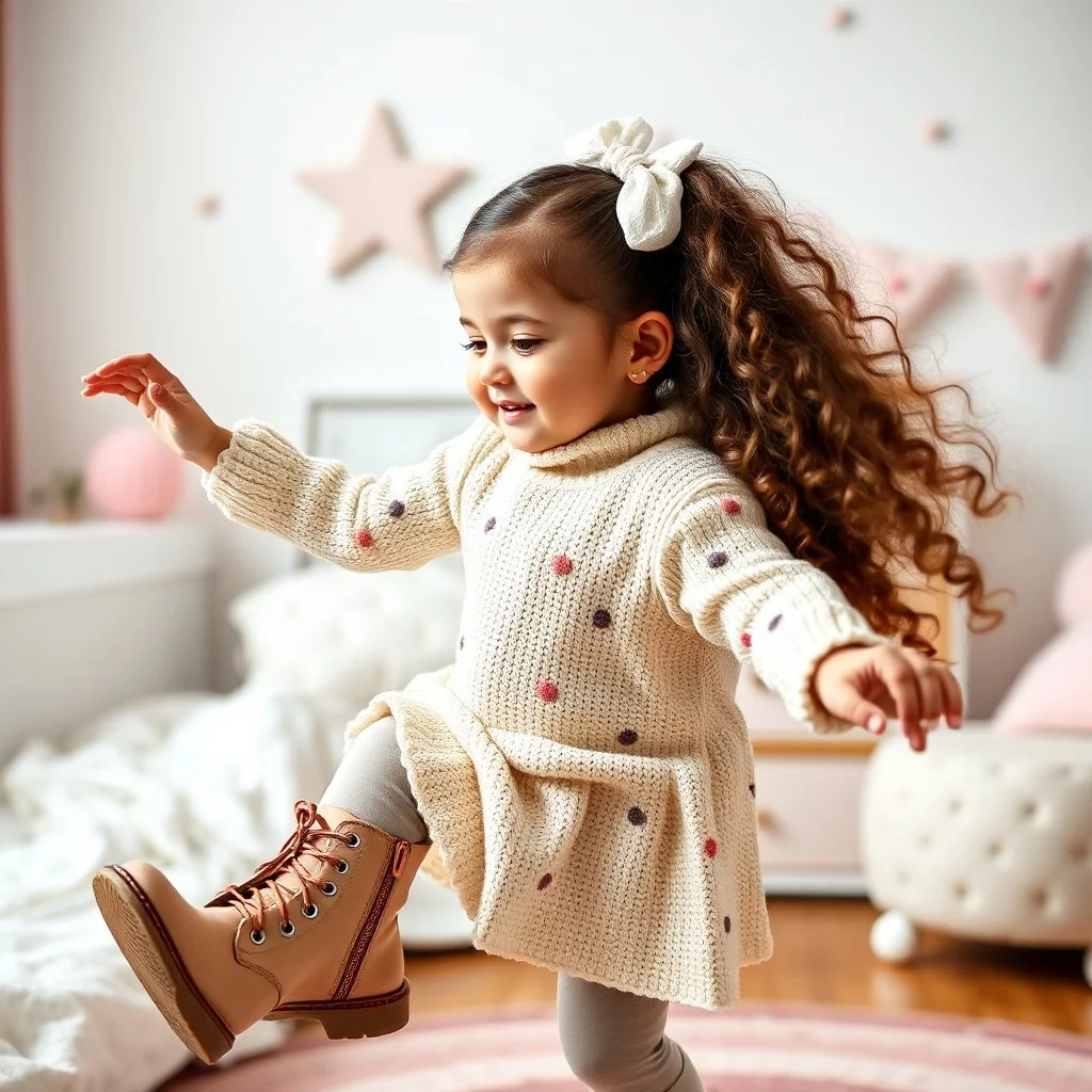 a 2 years old azeri girl in modern clothing and makeup dancing with cute and joy with pertty boots in a baby bedroom