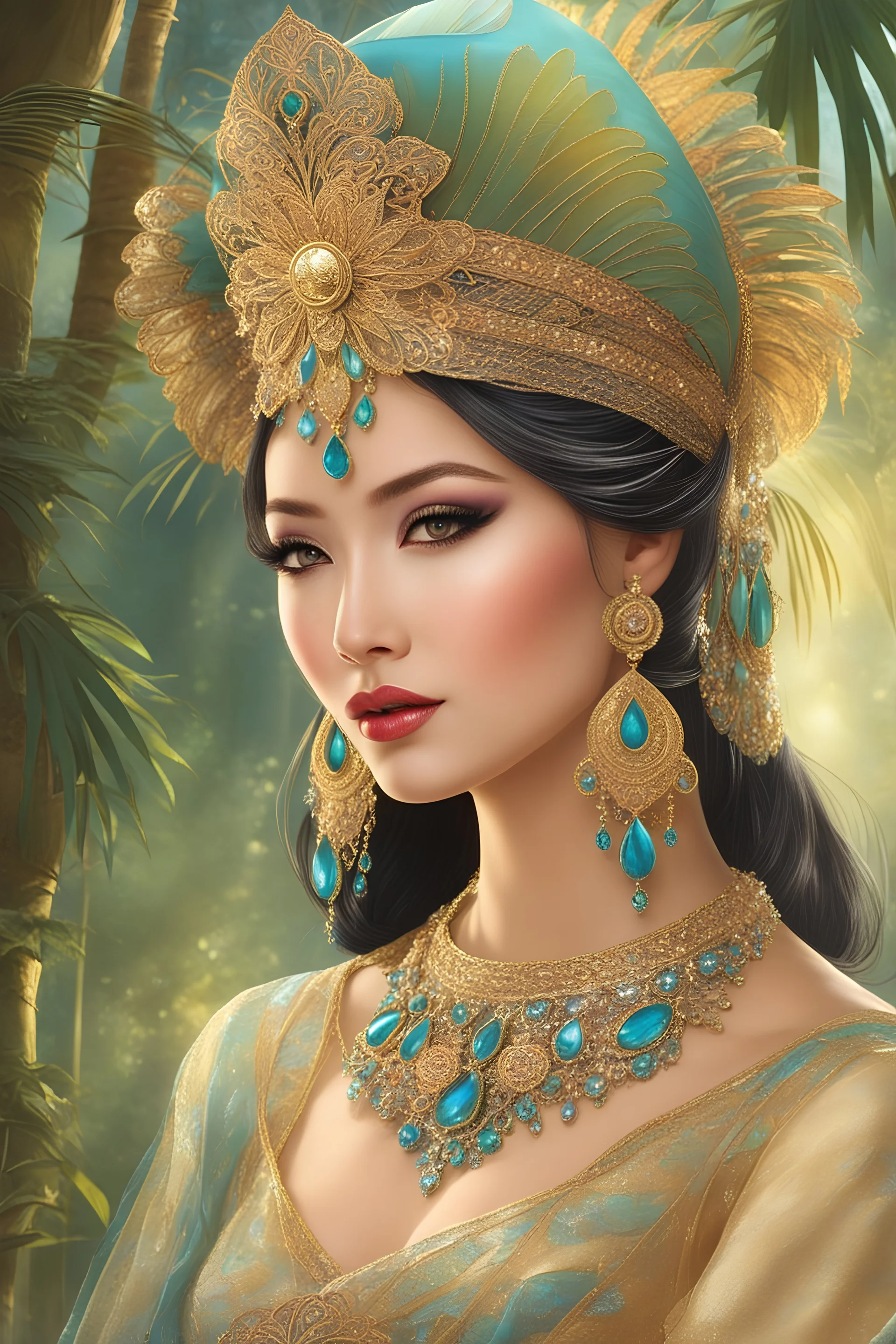 A sabah borneo kadazan gorgeous lady in ethnic costume in Gossamer shimmer, fairy tale feeling, sunlit glimmer. liquid iridescence, beautiful day. Breath of life, beauty, charm, and clear, Darling heart, lovely dear. Gentle breeze, art nouveau, Serenity sweet, ebb and flow. Mask of gloom, magical showing, Prismatic sparkle, ever glowing. A blend of media, reality, and art, Detailed, intricate,