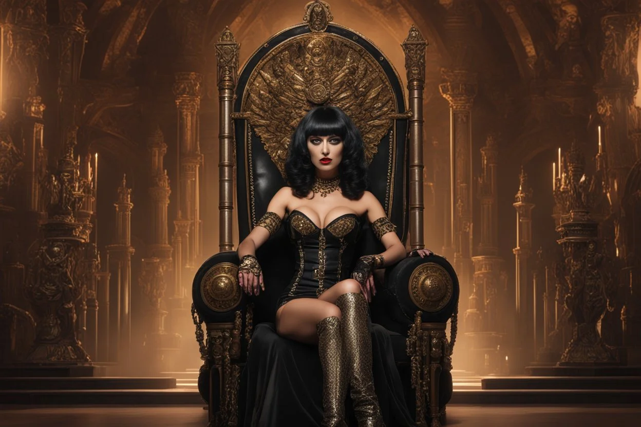 a slim Cleopatra, with a bob hairstyle, as a burlesque dancer in black boots, standing next to a black gothic throne, in a steampunk setting,