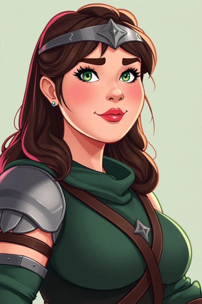 In a realistic, non-anime, vintage cartoon style: Bust shot of 35-year old, chubby Scandinavian dark-haired lady with green eyes and very thick lips who is dressed as a heroic soldier princess, like Xena.