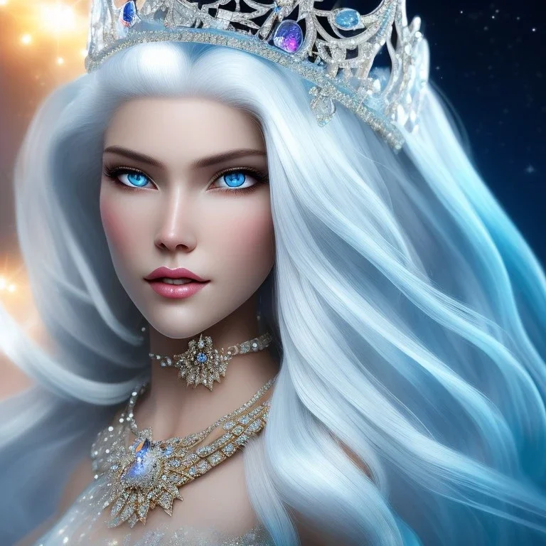 Ice Princess with white hair, a crown with precious stones, bright background