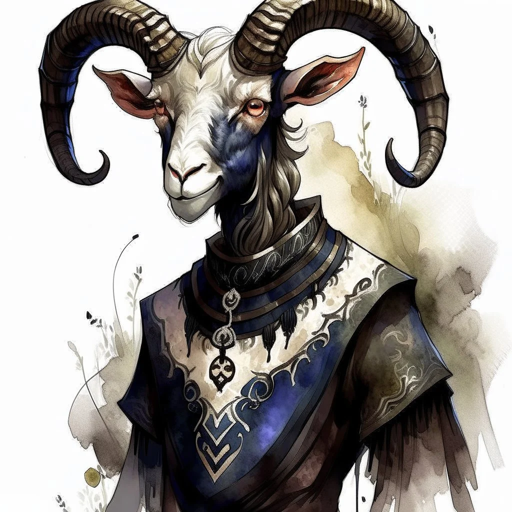 dnd, fantasy, watercolour, large strokes, stylistic, portrait, illustration, dull colours, feminine black goat with breasts in a human medieval suit