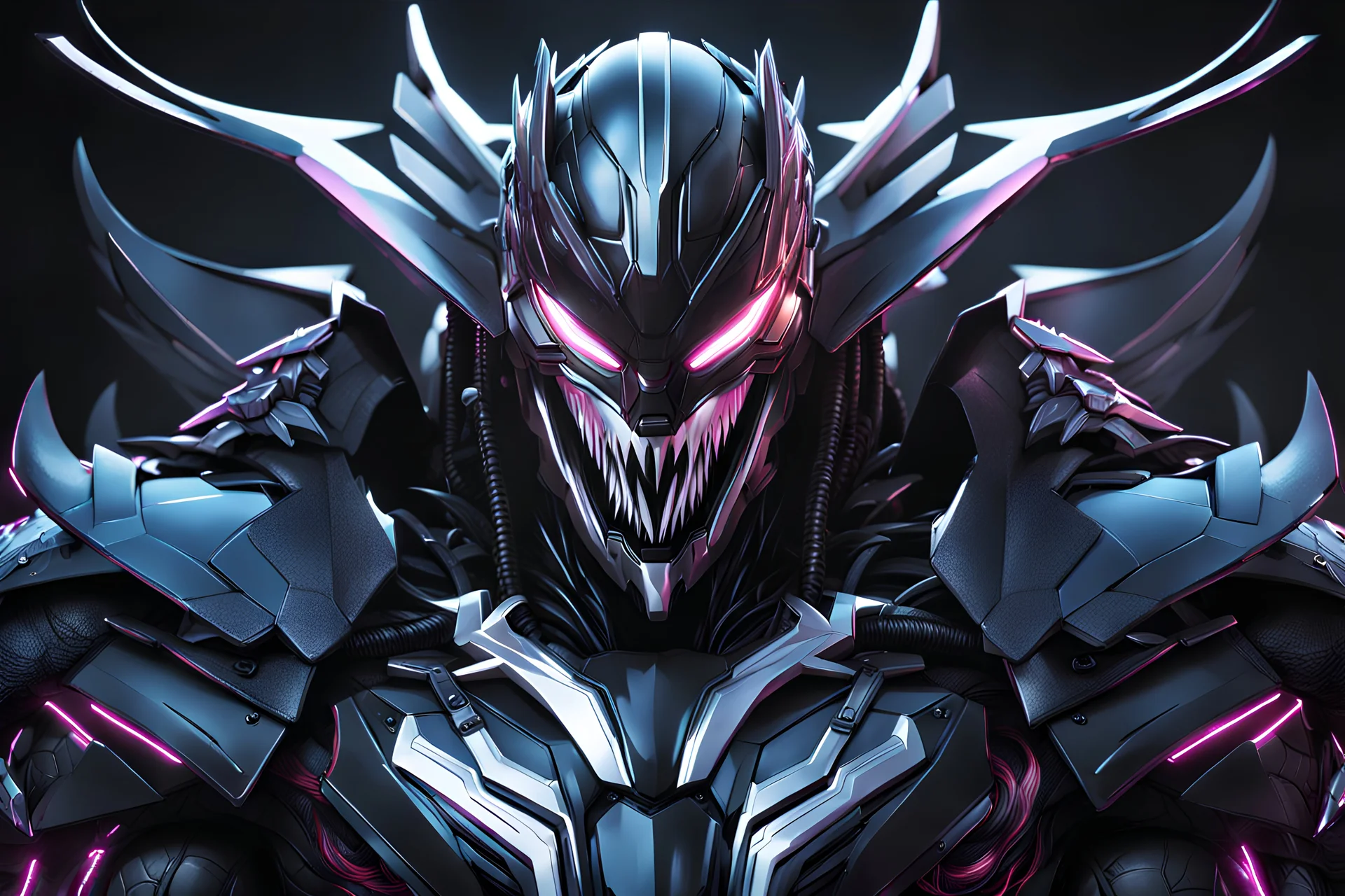 Cyber Machine venom in 8k anime realistic drawing style, volibear, thunder, neon effect, close picture, snow, black wings, apocalypse, intricate details, highly detailed, high details, detailed portrait, masterpiece,ultra detailed, ultra quality