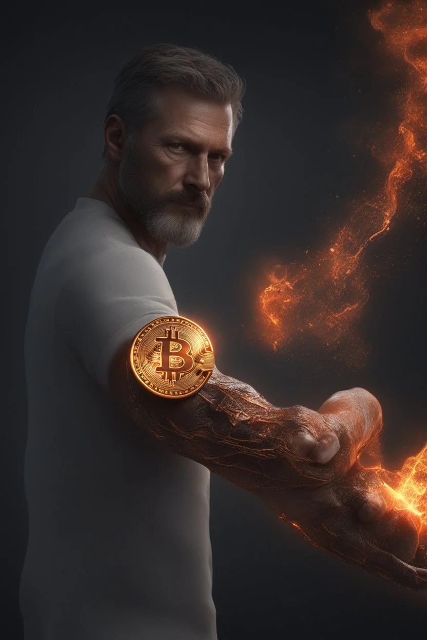 A man holds out his inner forearm where he has just received an iron brand mark of bitcoin. It's still hot and sizzling, hyper realistic, 8k, chaos