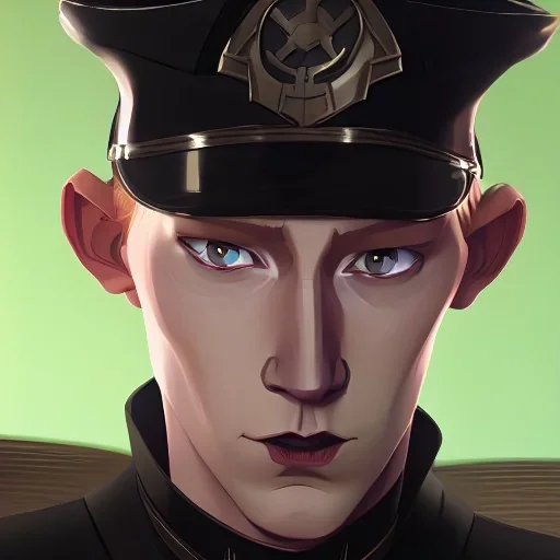 general hux 3/4 view, wearing a black First Order uniform, serious, imposing figure, thick eyebrows, digital art, wearing a black First Order uniform, green eyes