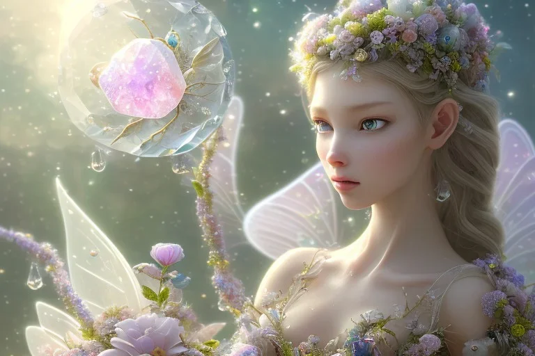 one very little beautiful fairy on a big crystal subtle flower in a galactic ambiance, transparent petals, delicate colors, in the foreground, full of details, smooth, bright sunshine，soft light atmosphere, light effect，vaporwave colorful, concept art, smooth, extremely sharp detail, finely tuned detail, ultra high definition, 8 k, unreal engine 5, ultra sharp focus