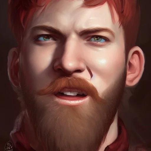 a _ fantasy _ style _ portrait _ painting _ of white male short fringe red hair short head smiling beard round face rpg dnd oil _ painting _ unreal _ 5 _ daz. _ rpg _ portrait _ extremely _ detailed _ artgerm _ greg _ rutkowski _ greg