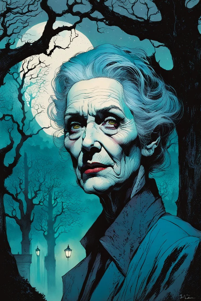 create a fine art print illustration of an old Jewish female vampire with ,highly detailed feminine facial features, surrounded by ancient oak trees, in the old city of Krakow, shrouded in a fetid mist at midnight , in the comic book art style of Bill Sienkiewicz, and Jean Giraud Moebius, finely textured, drawn, colored, and inked