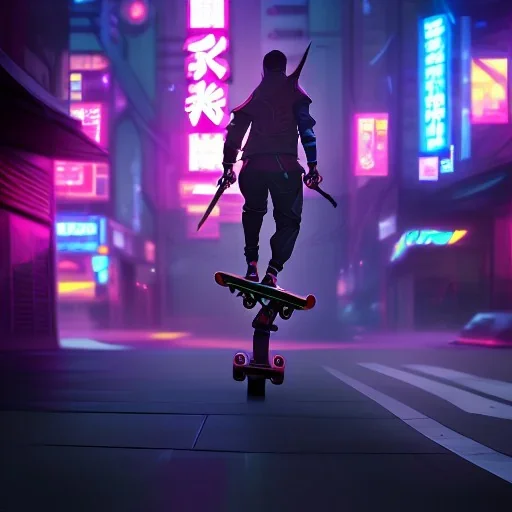 photo of a ninja riding a skateboard; in an alternate universe in tokyo; cyberpunk; realistic; rain; neon signs