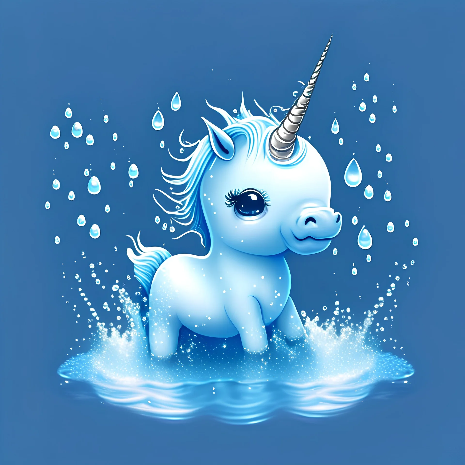 Generate an image of a cute baby licorne embodying the element of water, with a blue color scheme and surrounded by droplets.