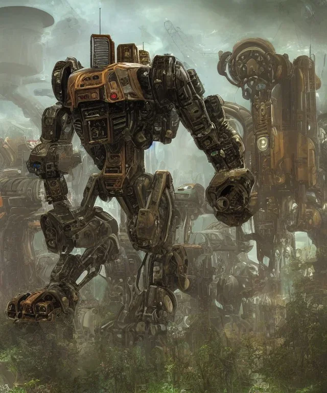 Large rusty mechwarrior inside a futuristic steampunk space ship with plants and animals