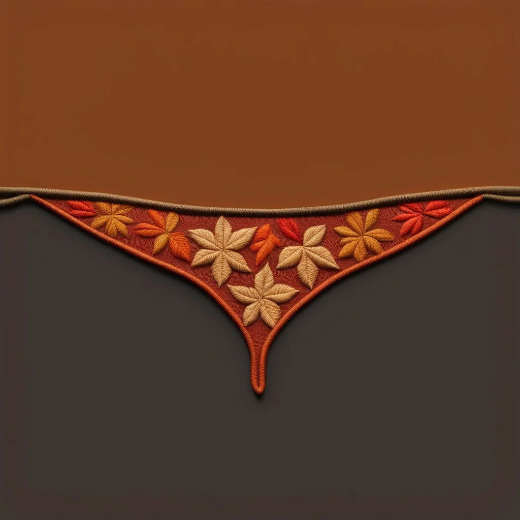 an autumn colored textured cloth embroidered ornamental leaves, pointed bottom, on dark background, embroidered text across top, Canadian western cowboy style