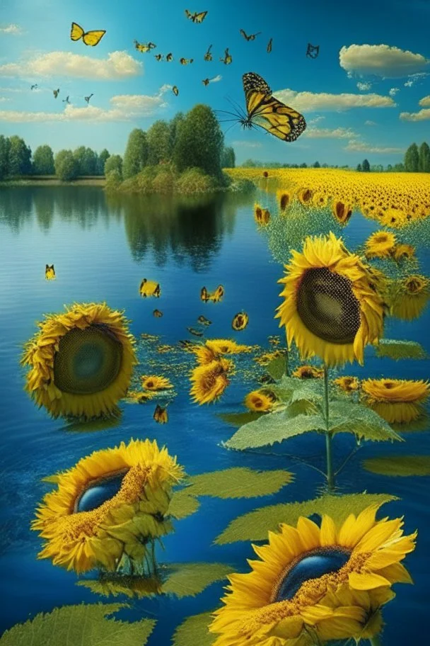 lake of sunflowers in the island of cheese and butterfly