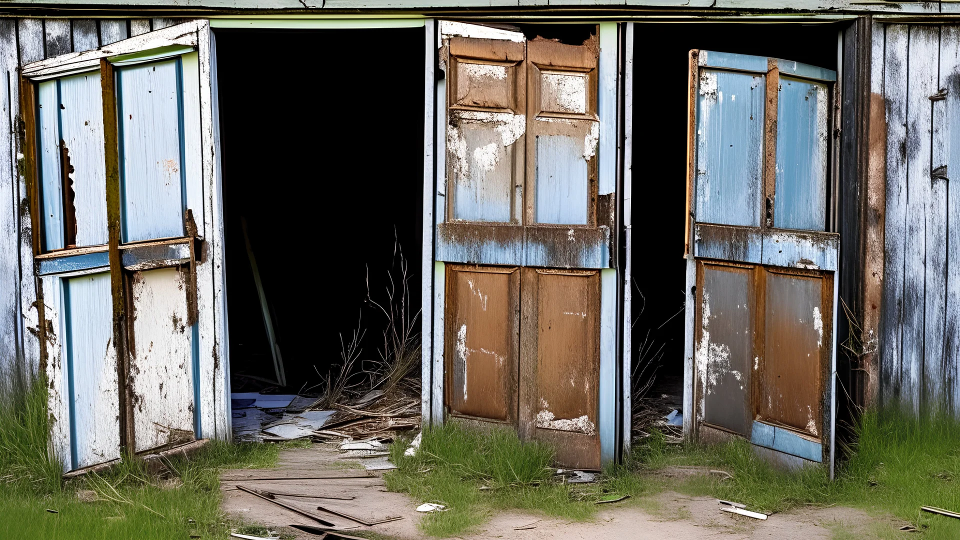 broken doors standing in the yard without framing