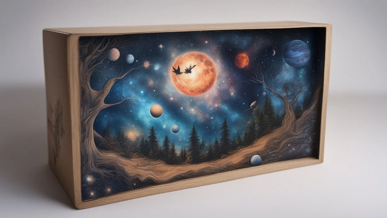 a box 10 cm long by 5 cm wide and 25 cm high, drawn on a box on all sides, space, tress, planets, butterfly nebula, crow, realistic