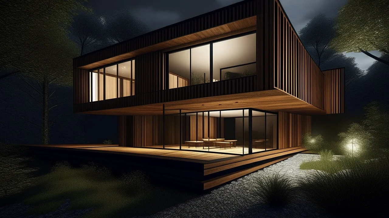 A modern, minimalist house with a wooden exterior and large windows overlooking a natural landscape at night