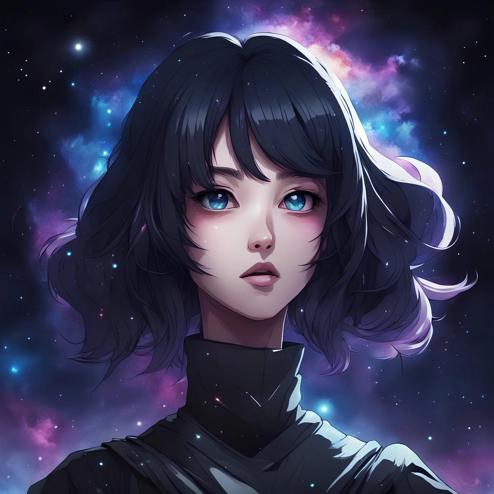 Create a dark-themed, old-school anime-style portrait featuring a character with a galaxy-inspired form instead of traditional facial features