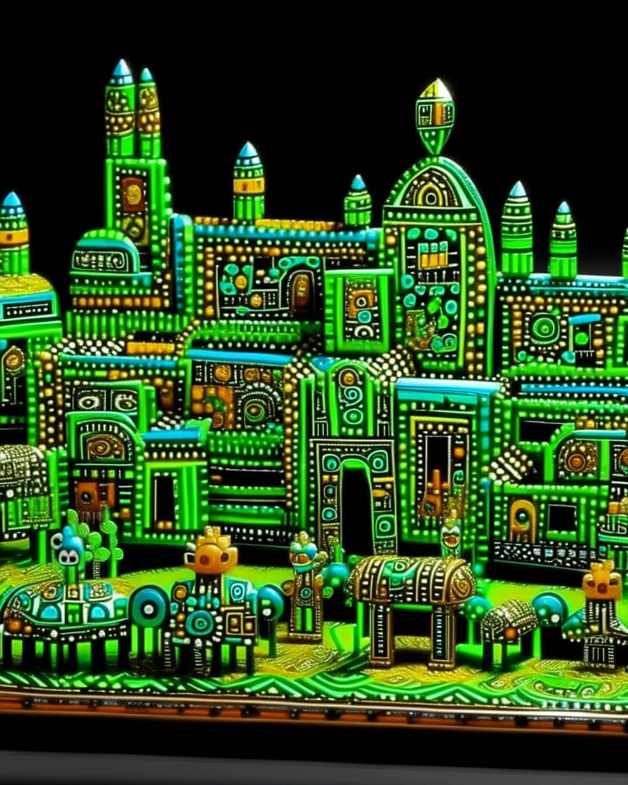 A green mechanical village with crystals designed in Navajo woven art painted by Keith Haring