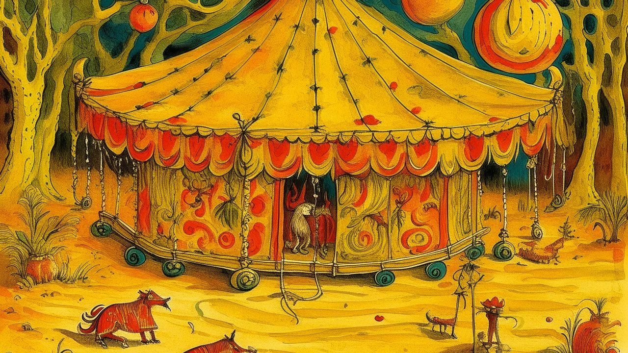 A golden yellow circus with jingle bells designed in Navajo baskets painted by Vincent van Gogh
