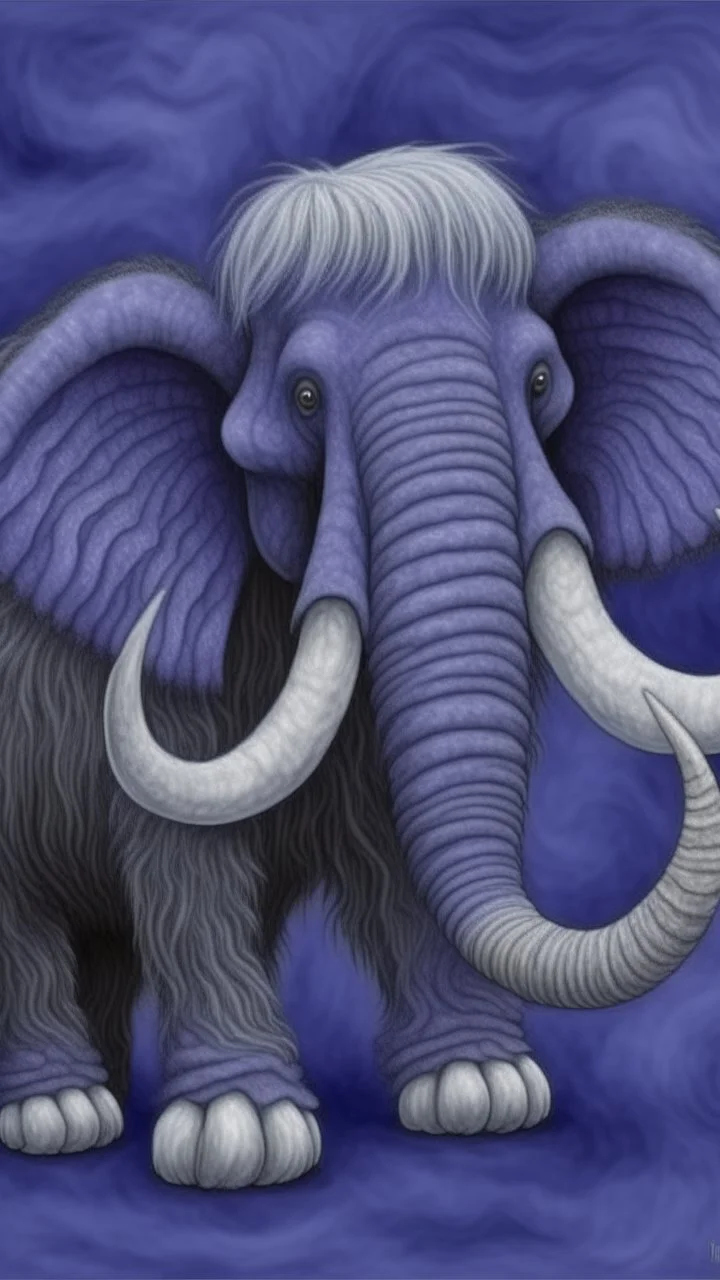 A grayish purple ice elemental woolly mammoth designed in Scandinavian folk art painted by the Limbourg brothers
