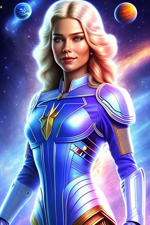 young cosmic woman admiral from the future, one fine whole face, large cosmic forehead, crystalline skin, expressive blue eyes, blue hair, smiling lips, very nice smile, costume pleiadian,rainbow ufo Beautiful tall woman pleiadian Galactic commander, ship, perfect datailed golden galactic suit, high rank, long blond hair, hand whit five perfect detailed finger, amazing big blue eyes, smilling mouth, high drfinition lips, cosmic happiness, bright colors, blue, pink, gold, jewels, realistic, real