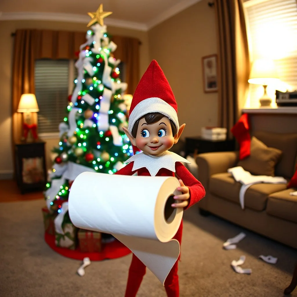 CCTY, security cam footage of a Christmas elves holding a toilet paper roll in front of a toilet paper covered Christmas tree, background a suburban living room at midnight, chaotic, mischievous elf, toilet paper covered Christmas tree