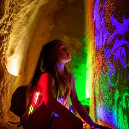 A dirty native American girl in a cave doing wall paintings with glowing lights