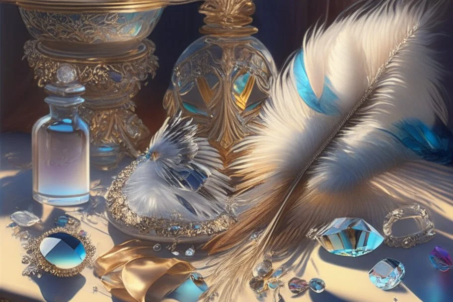 Still life with feathers and gems highly detailed digital painting elegant intricate very attractive beautiful award winning fantastic view crisp quality very cute acrylic art in sunshine