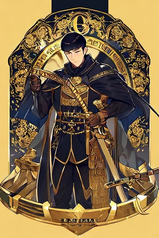 A handsome 30 year old knight, black hair, male bob haircut, in black-and-gold plate armor, golden katana in both hands, no beard, european, proper arms