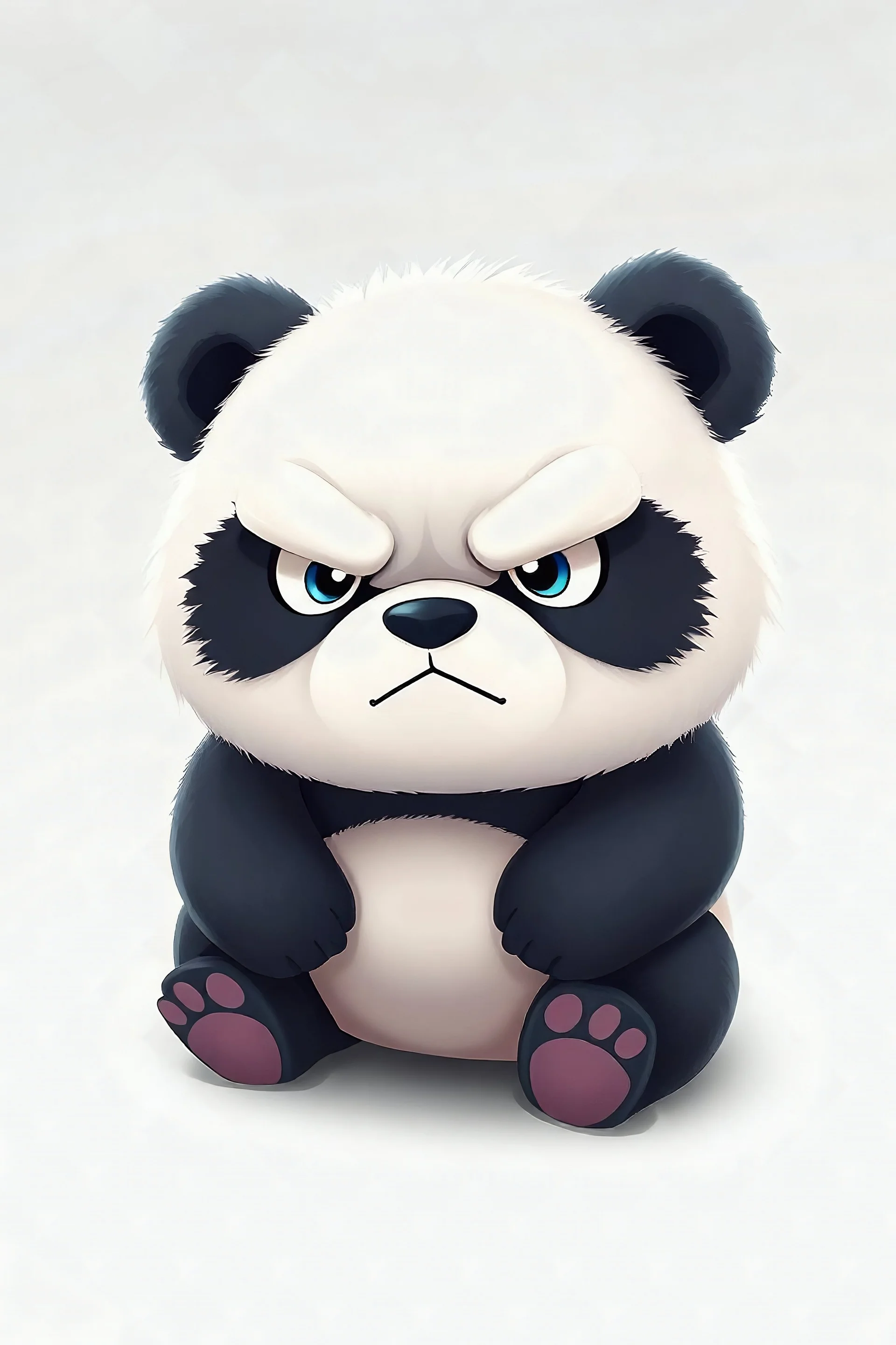 grumpy tiny hyperrealistic Anime panda from pokemon, chibi, adorable and fluffy, logo design, cartoon, cinematic lighting effect, charming, 3D vector art, cute and quirky, fantasy art, bokeh, hand-drawn, digital painting, soft lighting, isometric style, 4K resolution, photorealistic rendering, highly detailed clean, vector image, photorealistic masterpiece, professional photography, simple space backdrop, flat white background, isometric, vibrant vector