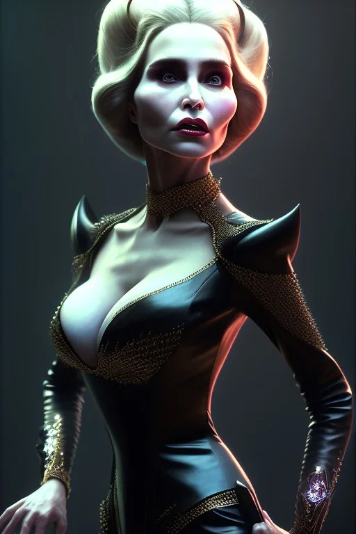 Constance Langdon as evil queen in black leather, leather, busty, cleavage, angry, stern look. character design by cory loftis, fenghua zhong, ryohei hase, ismail inceoglu and ruan jia. unreal engine 5, artistic lighting, highly detailed, photorealistic, fantasy