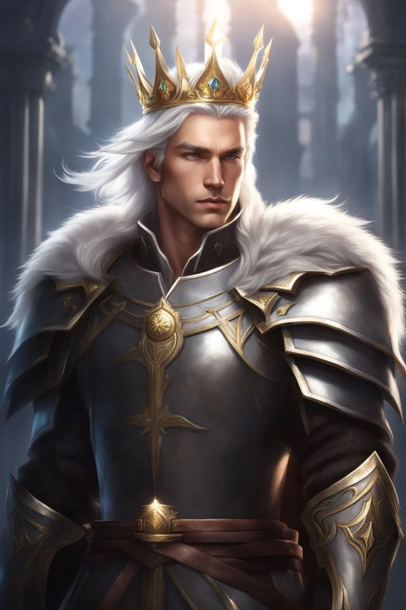 Male Tan Human, White Hair, Handsome Face, Wearing A Magical Crown, Holy Greatsword on to his Back