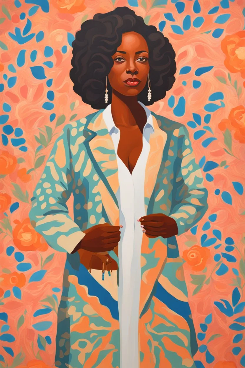 A portrait painting of a woman with vivid wallpaper by artist "Lois Mailou Jones"